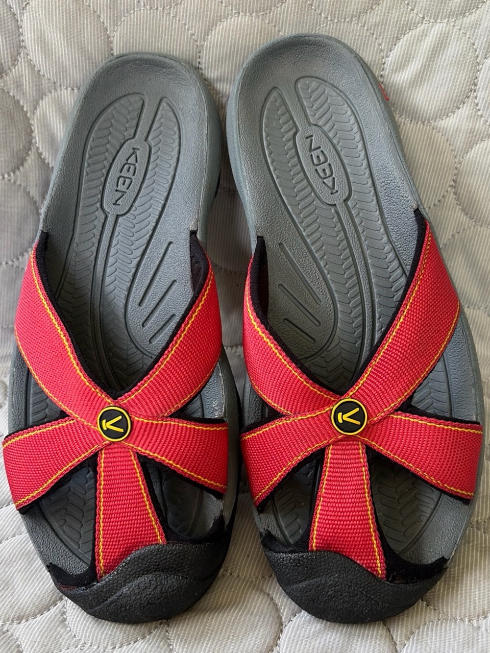 Keen Red and Gray Cross-Strap Slide Sandals